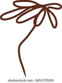 Minimalist hand drawn flower with long stem in brown line art