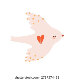 Minimalist hand drawn flying dove with broken red heart on wing and orange spots isolated cartoon illustration for Remembrance Day charity and anti war posters
