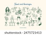 Minimalist hand drawn food and beverages vector illustration collection. Art for greeting cards, wedding invitations, poster design, postcards, branding, logo design, background.	