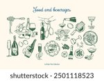 Minimalist hand drawn food and beverages vector illustration collection. Art for greeting cards, wedding invitations, poster design, postcards, branding, logo design, background.