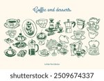 Minimalist hand drawn food and beverages vector illustration collection. Art for greeting cards, wedding invitations, poster design, postcards, branding, logo design. Matisse style doodles.	