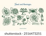 Minimalist hand drawn food and beverages vector illustration collection. Art for greeting cards, wedding invitations, poster design, postcards, branding, logo design, background.