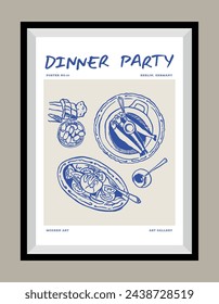 Minimalist hand drawn food and beverages vector print poster in a frame. Art for postcards, branding, logo design, greeting card