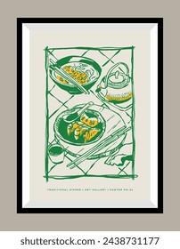 Minimalist hand drawn food and beverages vector print poster in a frame. Art for postcards, branding, logo design, greeting card