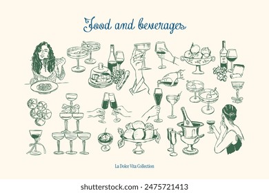 Minimalist hand drawn food and beverages vector illustration collection. Art for greeting cards, wedding invitations, poster design, postcards, branding, logo design, background.	