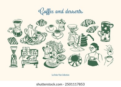 Minimalist hand drawn food and beverages vector illustration collection. Art for greeting cards, wedding invitations, poster design, postcards, branding, logo design, background.