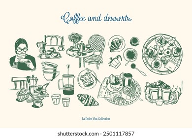 Minimalist hand drawn food and beverages vector illustration collection. Art for greeting cards, wedding invitations, poster design, postcards, branding, logo design, background.