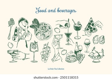 Colección de Ilustración vectorial de alimentos y bebidas minimalista dibujada a mano. Arte para tarjetas de felicitación, invitaciones de boda, diseño de carteles, postales, marca, diseño de logotipo, fondo.