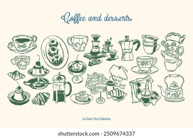 Minimalist hand drawn food and beverages vector illustration collection. Art for greeting cards, wedding invitations, poster design, postcards, branding, logo design. Matisse style doodles.	