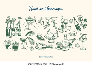 Colección de Ilustración vectorial de alimentos y bebidas minimalista dibujada a mano. Arte para tarjetas de felicitación, invitaciones de boda, diseño de carteles, postales, marca, diseño de logotipos. Garabatos estilo Matisse.	