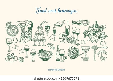 Minimalist hand drawn food and beverages vector illustration collection. Art for greeting cards, wedding invitations, poster design, postcards, branding, logo design. Matisse style doodles.	