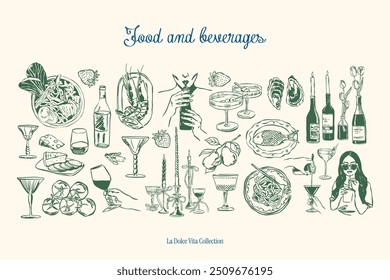 Minimalist hand drawn food and beverages vector illustration collection. Art for greeting cards, wedding invitations, poster design, postcards, branding, logo design. Matisse style doodles.	