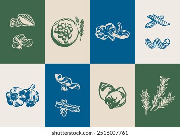 Coleção minimalista de ilustrações vetoriais de alimentos e bebidas desenhadas à mão. Arte para cartões comemorativos, convites de casamento, design de cartaz, cartões postais, branding, design de logotipo, fundo.