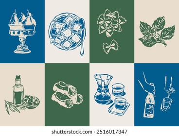 Coleção minimalista de ilustrações vetoriais de alimentos e bebidas desenhadas à mão. Arte para cartões comemorativos, convites de casamento, design de cartaz, cartões postais, branding, design de logotipo, fundo.