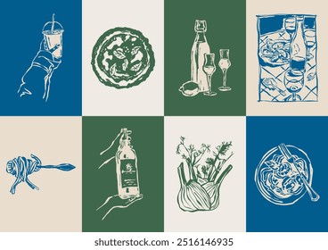 Minimalist hand drawn food and beverages vector illustration collection. Art for greeting cards, wedding invitations, poster design, postcards, branding, logo design, background.