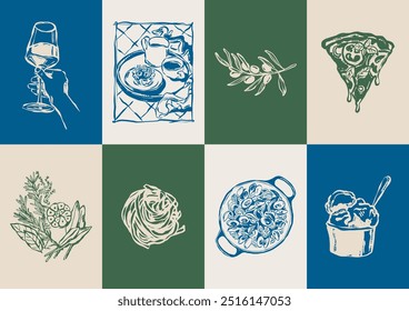 Colección de Ilustración vectorial de alimentos y bebidas minimalista dibujada a mano. Arte para tarjetas de felicitación, invitaciones de boda, diseño de carteles, postales, marca, diseño de logotipo, fondo.