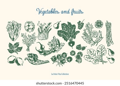 Colección de Ilustración vectorial de alimentos y bebidas minimalista dibujada a mano. Arte para tarjetas de felicitación, invitaciones de boda, diseño de carteles, postales, marca, diseño de logotipo, fondo.