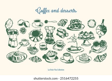 Minimalist hand drawn food and beverages vector illustration collection. Art for greeting cards, wedding invitations, poster design, postcards, branding, logo design, background.