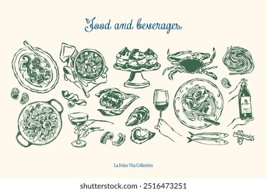 Minimalist hand drawn food and beverages vector illustration collection. Art for greeting cards, wedding invitations, poster design, postcards, branding, logo design, background.