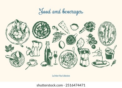 Coleção minimalista de ilustrações vetoriais de alimentos e bebidas desenhadas à mão. Arte para cartões comemorativos, convites de casamento, design de cartaz, cartões postais, branding, design de logotipo, fundo.