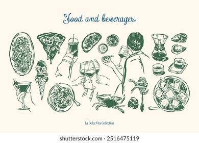 Minimalist hand drawn food and beverages vector illustration collection. Art for greeting cards, wedding invitations, poster design, postcards, branding, logo design, background.