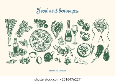 Coleção minimalista de ilustrações vetoriais de alimentos e bebidas desenhadas à mão. Arte para cartões comemorativos, convites de casamento, design de cartaz, cartões postais, branding, design de logotipo, fundo.