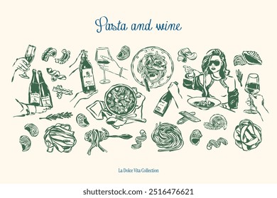 Minimalist hand drawn food and beverages vector illustration collection. Art for greeting cards, wedding invitations, poster design, postcards, branding, logo design, background.