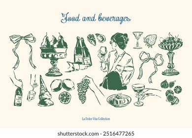 Minimalist hand drawn food and beverages vector illustration collection. Art for greeting cards, wedding invitations, poster design, postcards, branding, logo design, background.