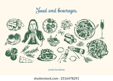 Minimalist hand drawn food and beverages vector illustration collection. Art for greeting cards, wedding invitations, poster design, postcards, branding, logo design, background.