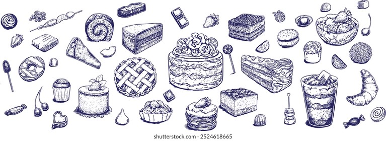 Minimalist hand drawn food and beverages vector illustration collection. Art for greeting cards, wedding invitations, poster design .
