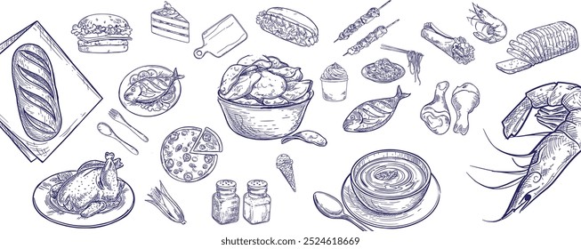 Minimalist hand drawn food and beverages vector illustration collection. Art for greeting cards, wedding invitations, poster design .