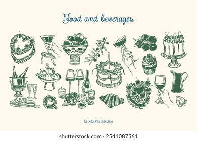 Colección de Ilustración vectorial de alimentos y bebidas minimalista dibujada a mano. Arte para tarjetas de felicitación, invitaciones de boda, diseño de carteles, postales, marca, diseño de logotipo, fondo.