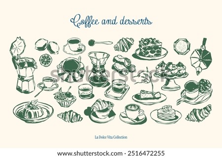 Minimalist hand drawn food and beverages vector illustration collection. Art for greeting cards, wedding invitations, poster design, postcards, branding, logo design, background.