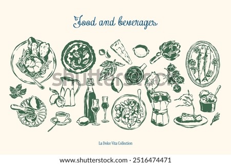 Minimalist hand drawn food and beverages vector illustration collection. Art for greeting cards, wedding invitations, poster design, postcards, branding, logo design, background.