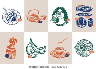 Minimalist hand drawn food and drink vector illustration collection. Art for for postcards, branding, logo design, background.