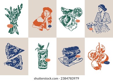 Minimalist hand drawn food and drink vector illustration collection. Art for for postcards, branding, logo design, background.