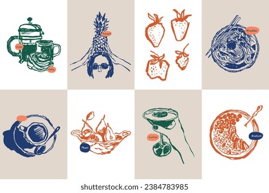 Minimalist hand drawn food and drink vector illustration collection. Art for for postcards, branding, logo design, background.