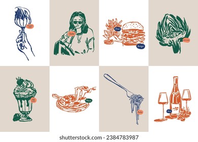 Minimalist hand drawn food and drink vector illustration collection. Art for for postcards, branding, logo design, background.