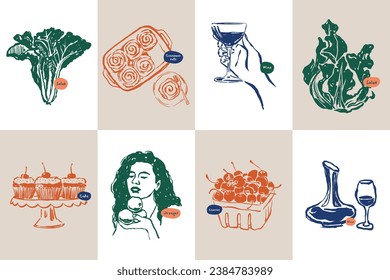 Minimalist hand drawn food and drink vector illustration collection. Art for for postcards, branding, logo design, background.