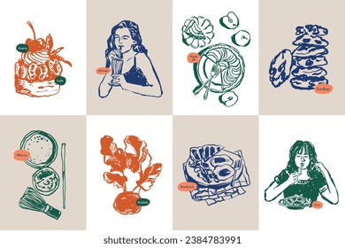 Minimalist hand drawn food and drink vector illustration collection. Art for for postcards, branding, logo design, background.