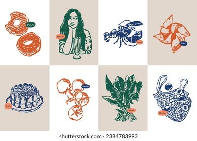 Minimalist hand drawn food and drink vector illustration collection. Art for for postcards, branding, logo design, background.