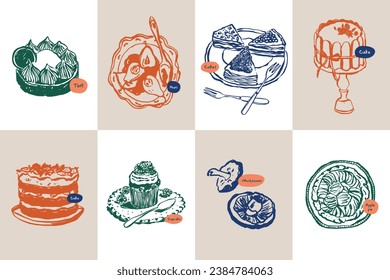 Minimalist hand drawn food and drink vector illustration collection. Art for for postcards, branding, logo design, background.