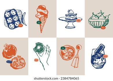 Minimalist hand drawn food and drink vector illustration collection. Art for for postcards, branding, logo design, background.