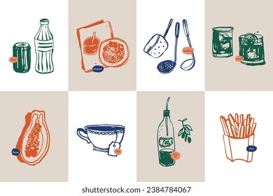 Minimalist hand drawn food and drink vector illustration collection. Art for for postcards, branding, logo design, background.