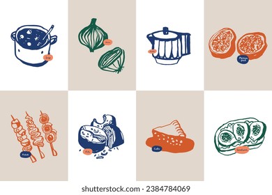 Minimalist hand drawn food and drink vector illustration collection. Art for for postcards, branding, logo design, background.