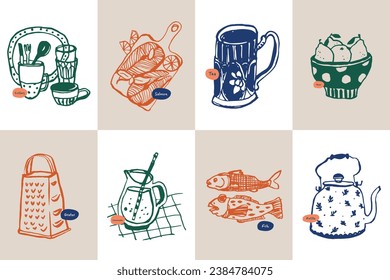 Minimalist hand drawn food and drink vector illustration collection. Art for for postcards, branding, logo design, background.