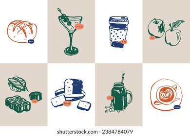 Minimalist hand drawn food and drink vector illustration collection. Art for for postcards, branding, logo design, background.