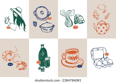 Recogida de ilustraciones vectoriales de alimentos extraídos a mano y bebidas. Arte para postales, marca, diseño de logotipo, fondo.