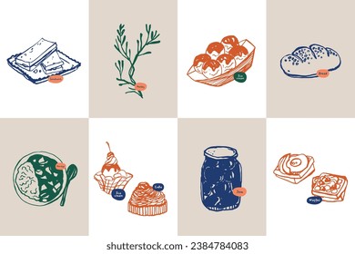 Recogida de ilustraciones vectoriales de alimentos extraídos a mano y bebidas. Arte para postales, marca, diseño de logotipo, fondo.