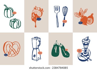 Minimalist hand drawn food and drink vector illustration collection. Art for for postcards, branding, logo design, background.